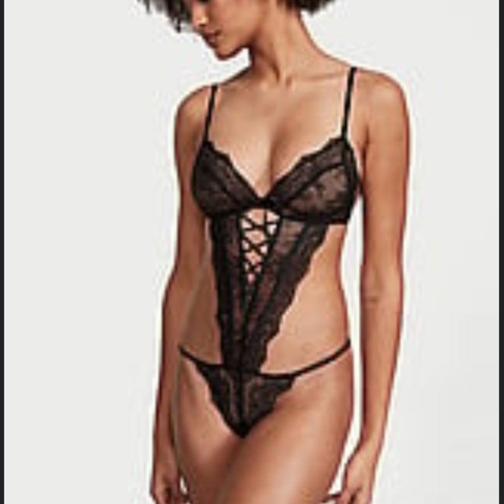 Lace-Up Crotchless Teddy black size XS Victoria’s Secret